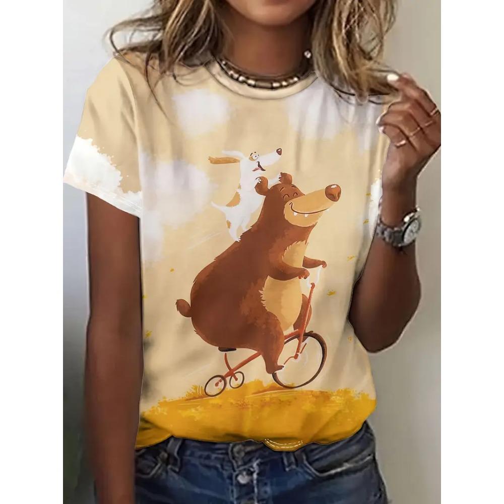 Funny Women Animal Graphic Print Summer Round Neck Short Sleeve Top Outdoor Oversized