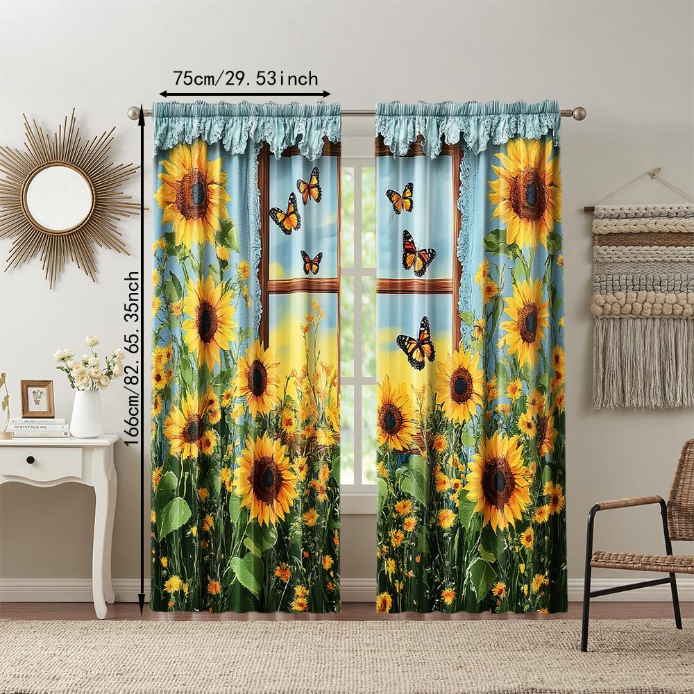 2 Stück, vielseitige transparente Polyestervorhänge zur Heimdekoration Sunflower Garden für die Verwendung in Schlafzimmern und Wohnzimmern