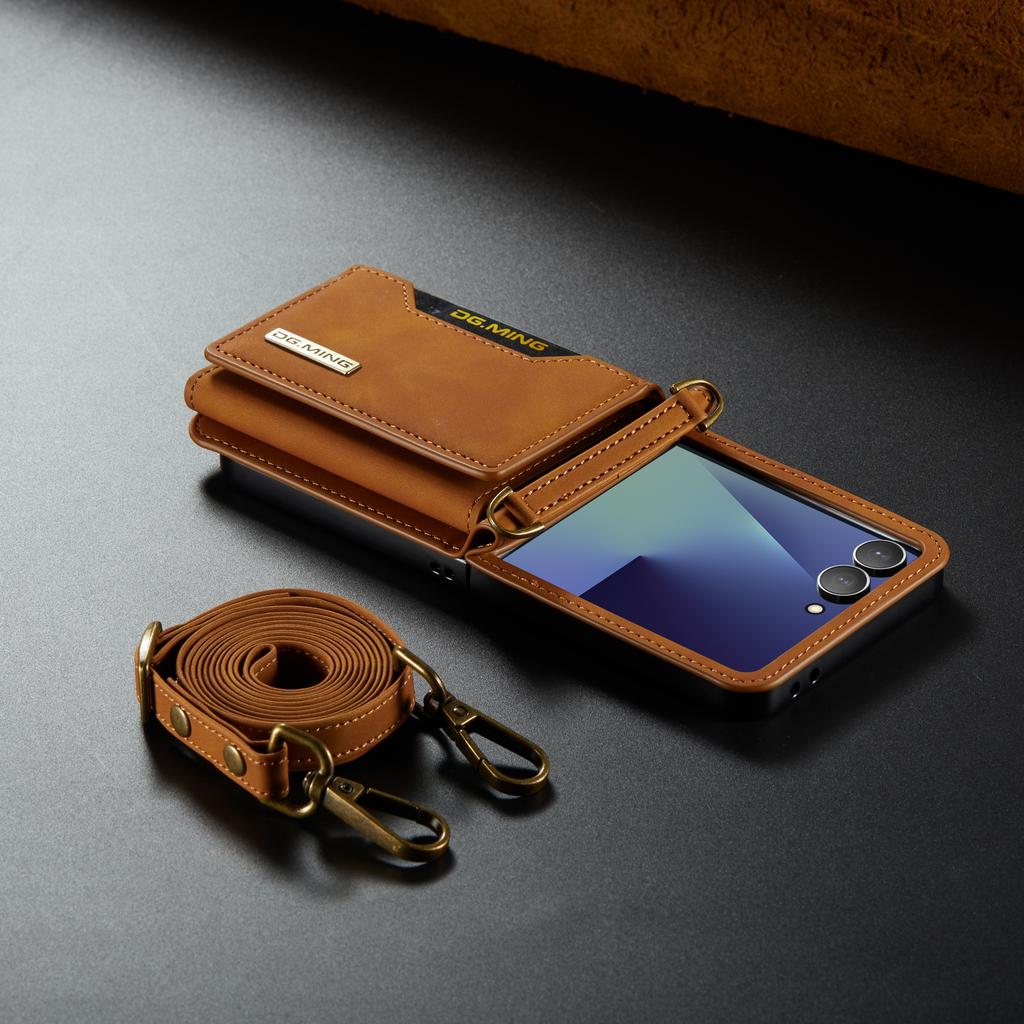 Crossbody Auto Leather Phone Case for Samsung Galaxy Z Flip 7 Flip6 5 4 3 Long Strap Metal Button Card Slot Wallet Stand Cover