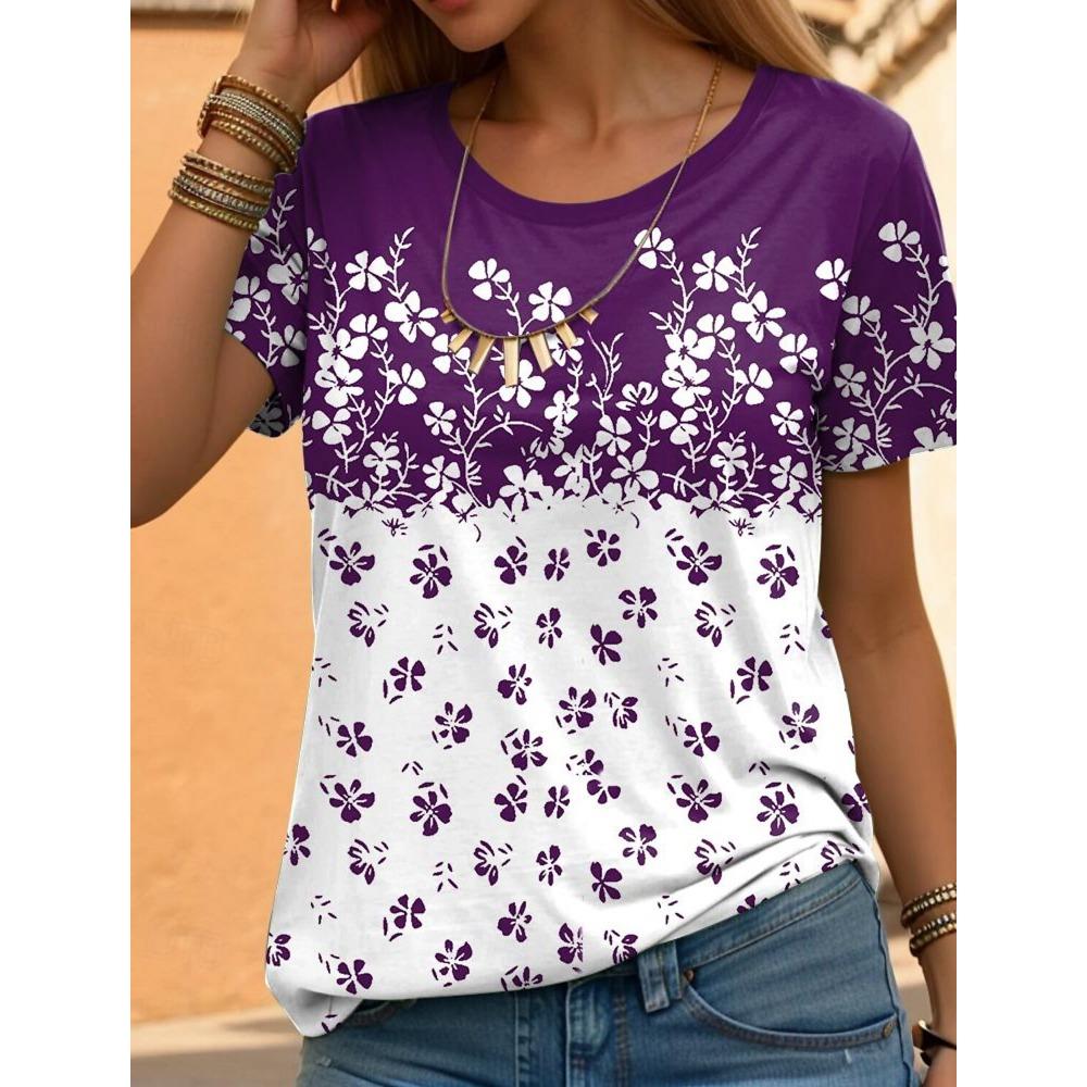 

Women s T Shirt Floral Animal Casual Short Sleeve Round Neck Regular Tops Daily Print Purple Summer Spring 6XL