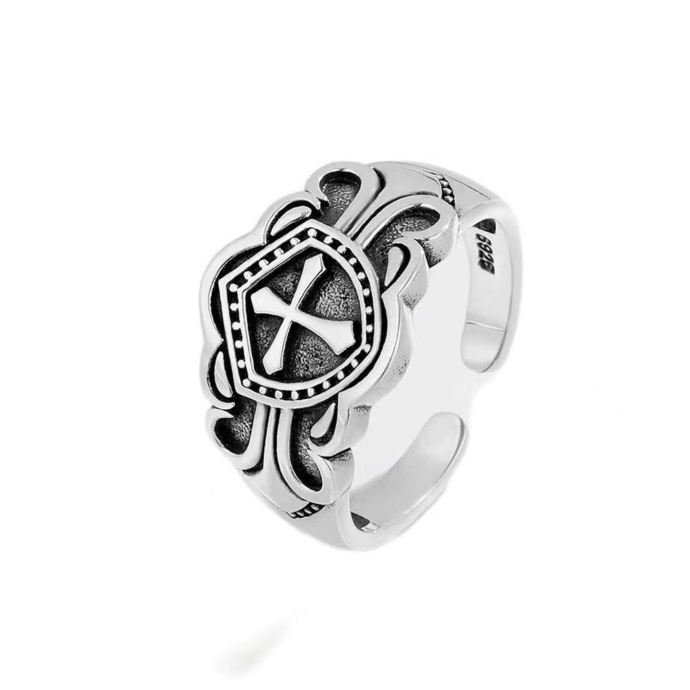 S Nordic Shield Cross Ring for Boys European and American Punk Rock Wide Pasta Ring Silver Jewelry