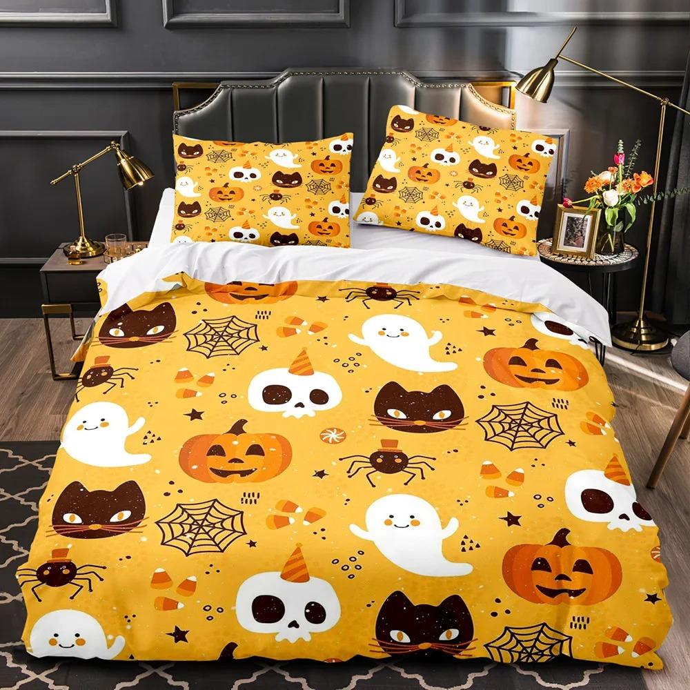 3D Print Halloween Bedding Set, Halloween Cartoon Jack O' Lantern Tombstone Skulls And Bones 2-3Pcs Polyester Duvet Cover Set