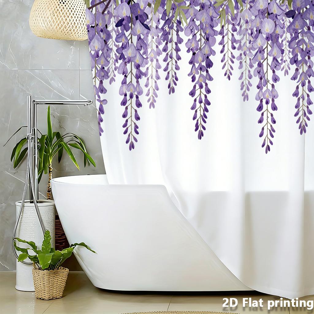 Watercolor Purple Wisteria Shower Curtain 1Pc Polyester 70.8X70.8 Inch Hanging Blooms On Ivory Background Bathroom Decor