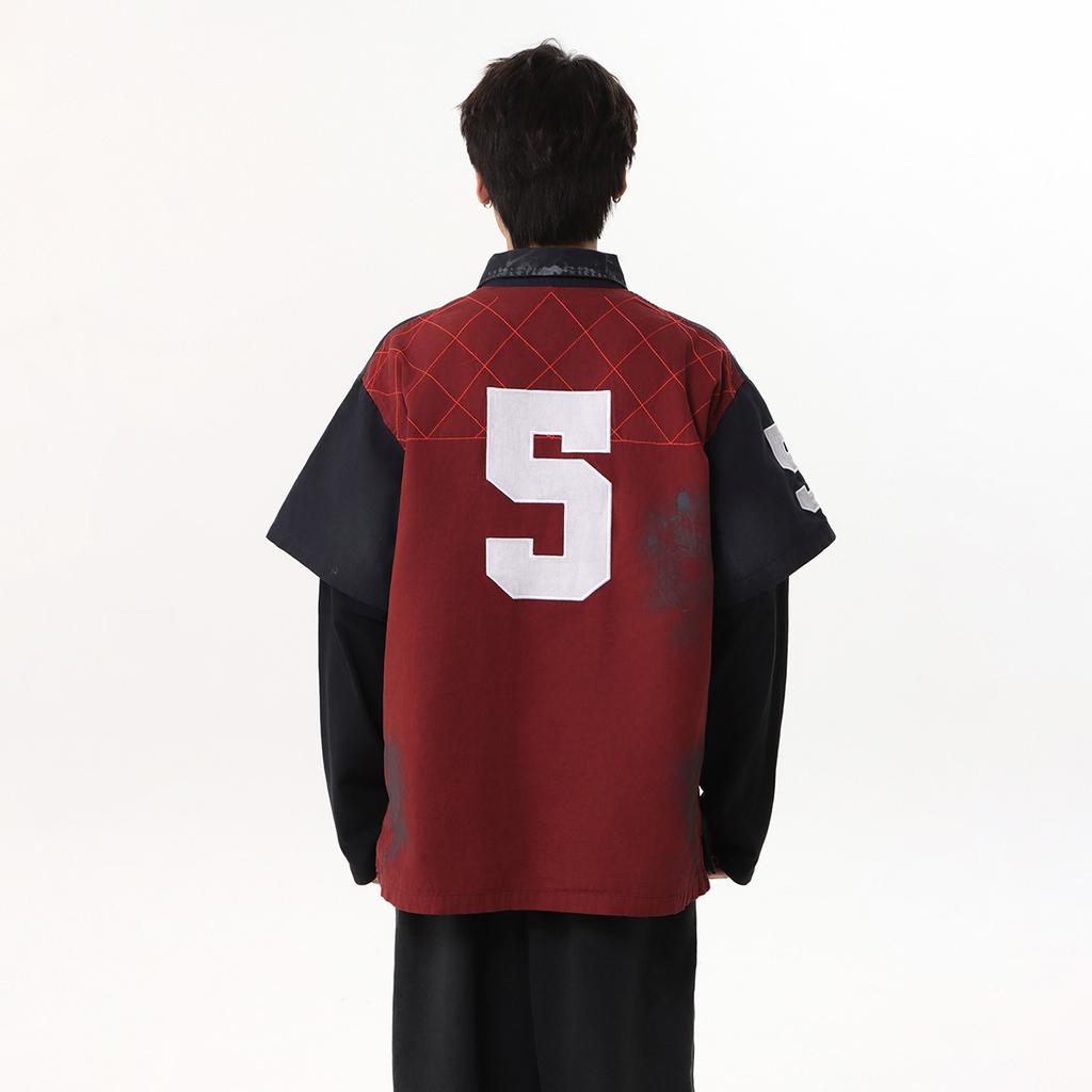 Street Tide Brand Wasteland Feng Shui Washing Dirty Dye Old American Jersey Fake Two Pieces Heavy Industry Embroidery Polo Collar Sweater Men