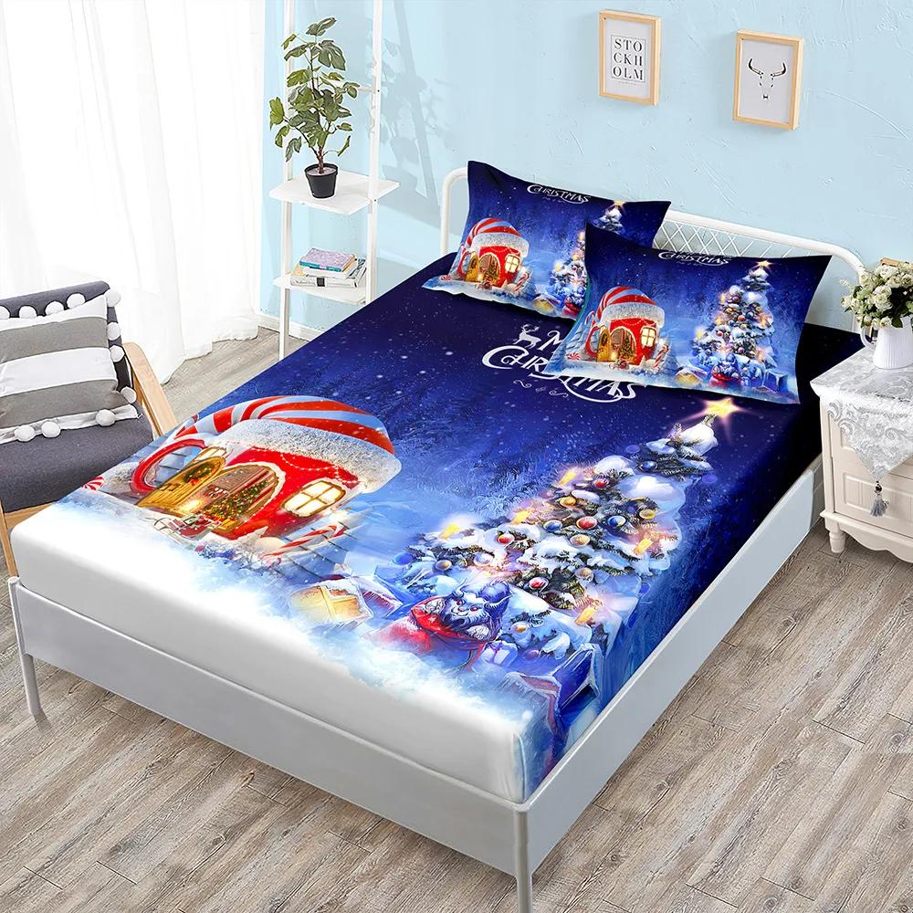 Winter Printed Fitted Sheet Santa Claus Snowflake Polyester Elastic Band Mattress Cover Pillowcase Fashion Bedding Bedroom Decor