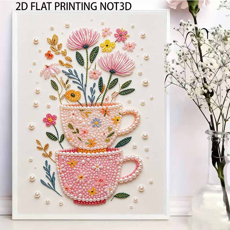 Easy DIY Framed Pearl Bead Painting Kit with Floral Teacup Pattern 3D Sparkling Canvas Art for Home Decoration Elegant Craft Gift Idea