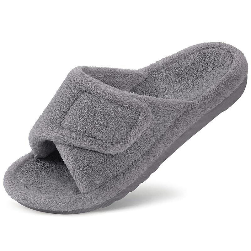 Fashion Comwarm Winter Women's Coral Fleece Orthopedic Slippers with Arch Support Velcro Adjustable Open Toe Shoes for Plantar Fasciitis