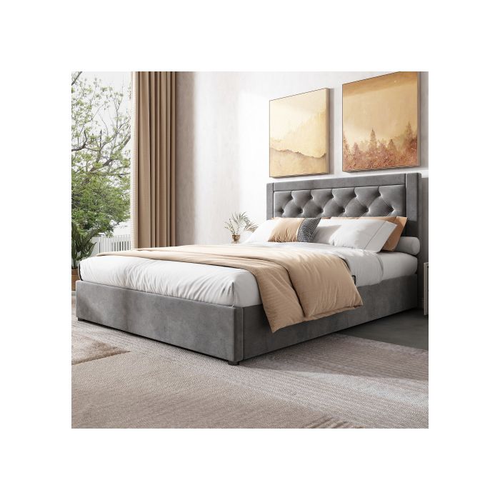 Lit rembourré - MUVOE - 140x200 cm - Gris - Sommier inclus - Espace de rangement optimisé