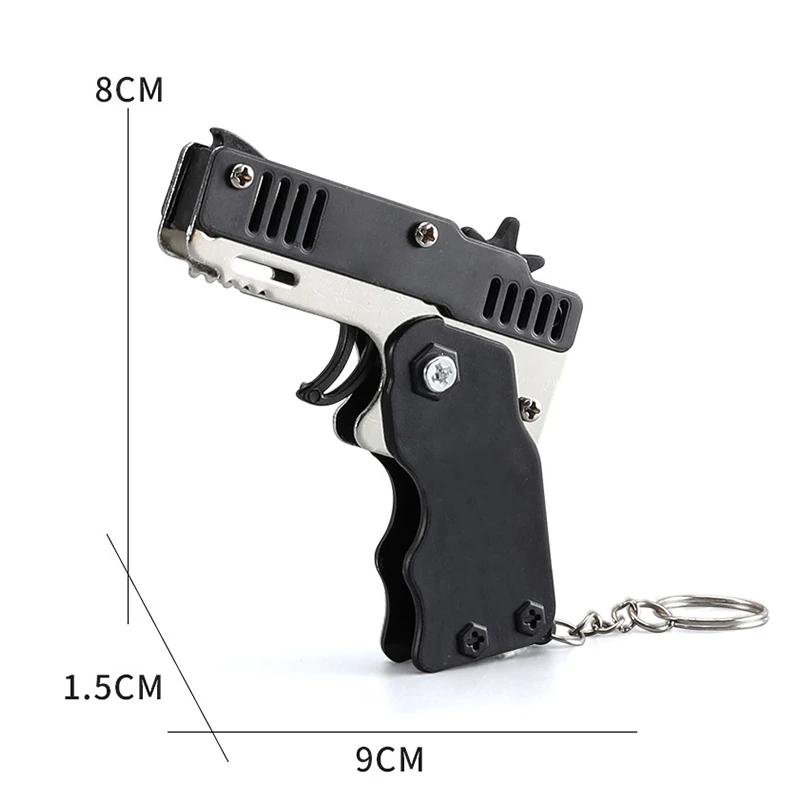 Metal Toy Gun Mini Burst Folding Rubber Band Gun Alloy Model Gun Pendant Outdoor Sports Toy Pistol Keychain for Boys Kids