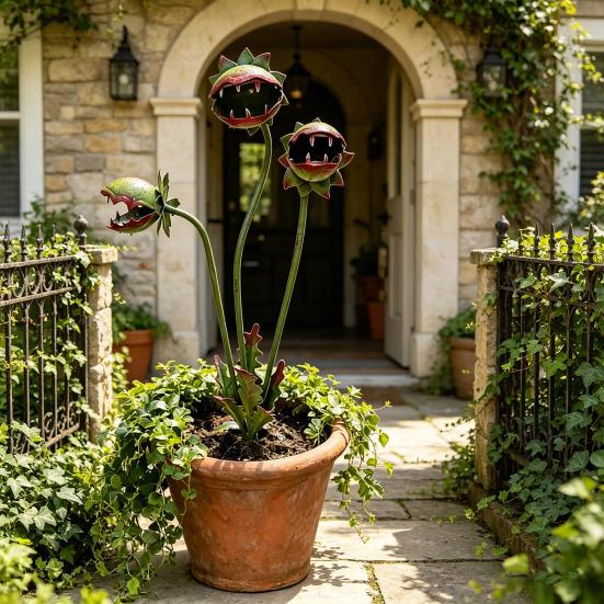 Metal Carnivorous Plant Garden Stake 25-Inch Large Venus Flytrap Flower Sculpture for Outdoor Garden Patio Lawn Yard Decor