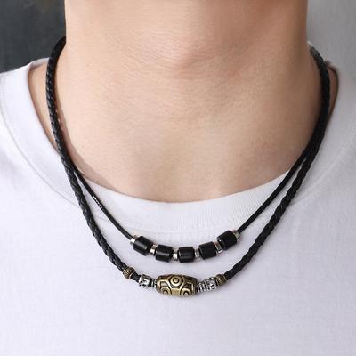 Vintage Indigo Braided Wax Rope Dzi Bead Pendant Necklace Men's Punk Collarbone Chain Personality Accessory