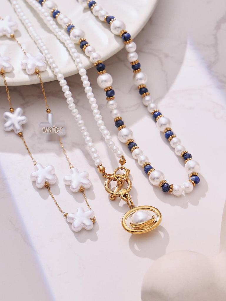 Elegant 18k Gold-Plated Stainless Steel Necklace with Imitation Pearl Beads and OT Clasp