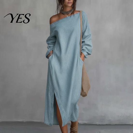 Party Dress Casual Women's One Shoulder Long Sleeve Maxi Dress, Cotton Linen Tunic Side Slit Summer Loose with Pockets Retro Style