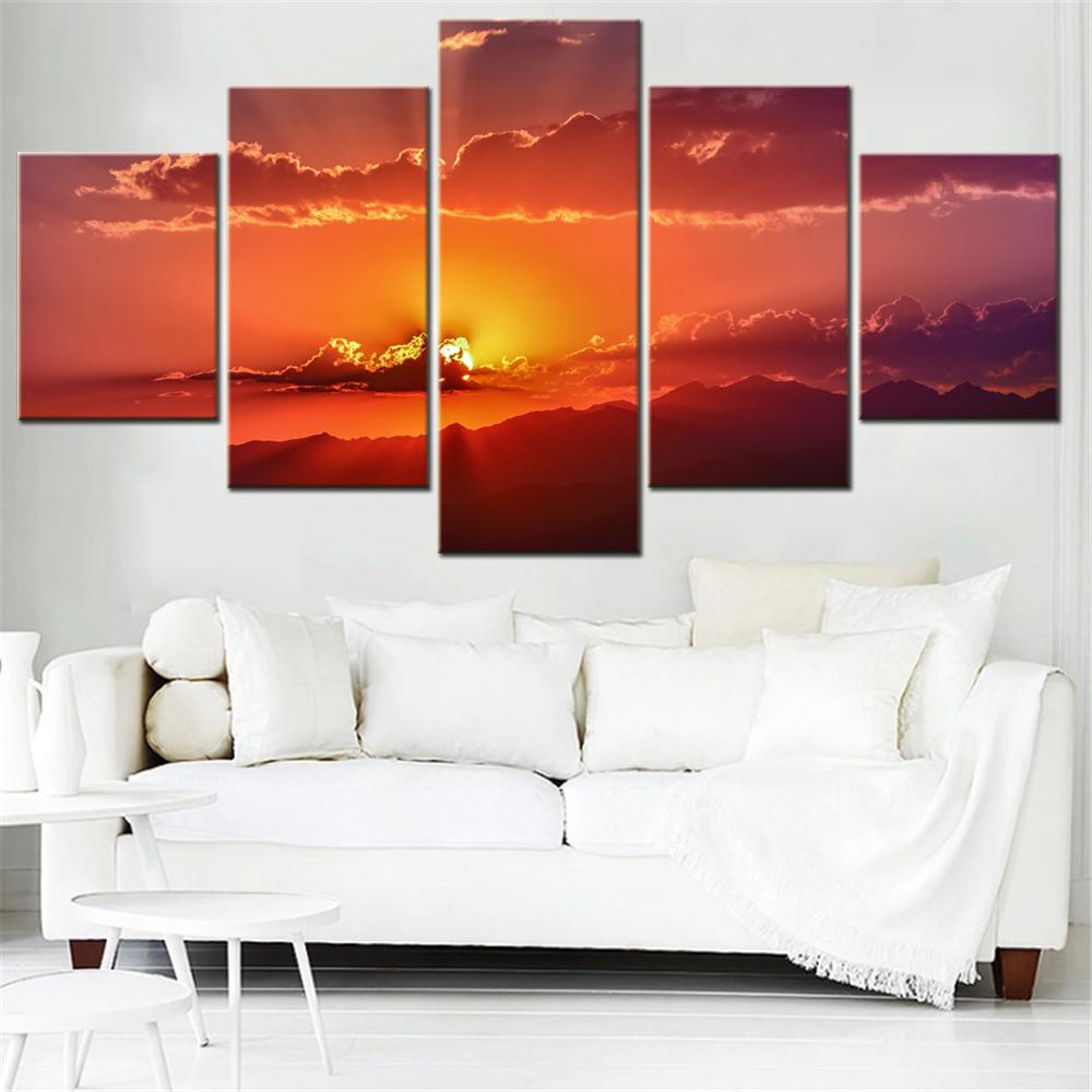 5 Pieces Canvas Wall Ars Poster Painting Nature Golden Hour Dramatic Sky Wallpaper Home Decor Picture Printing Living Room Mural