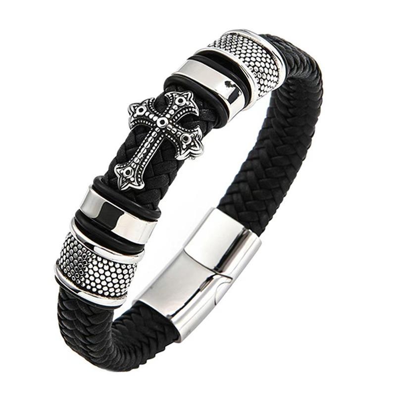 Meier Hot Sale Cross Leather Bracelet, Men Handmade Braided Rope Bangle with Magnetic Clasp