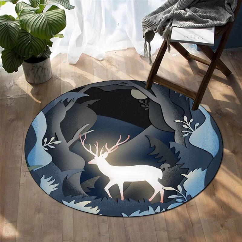 Waldhirsch Runder Teppich Weicher Cartoon-Teppich Rutschfeste Kreis-Bodenmatte für Wohnzimmer Schlafzimmer Sofa Badezimmer Kinderwohnheim Dekor