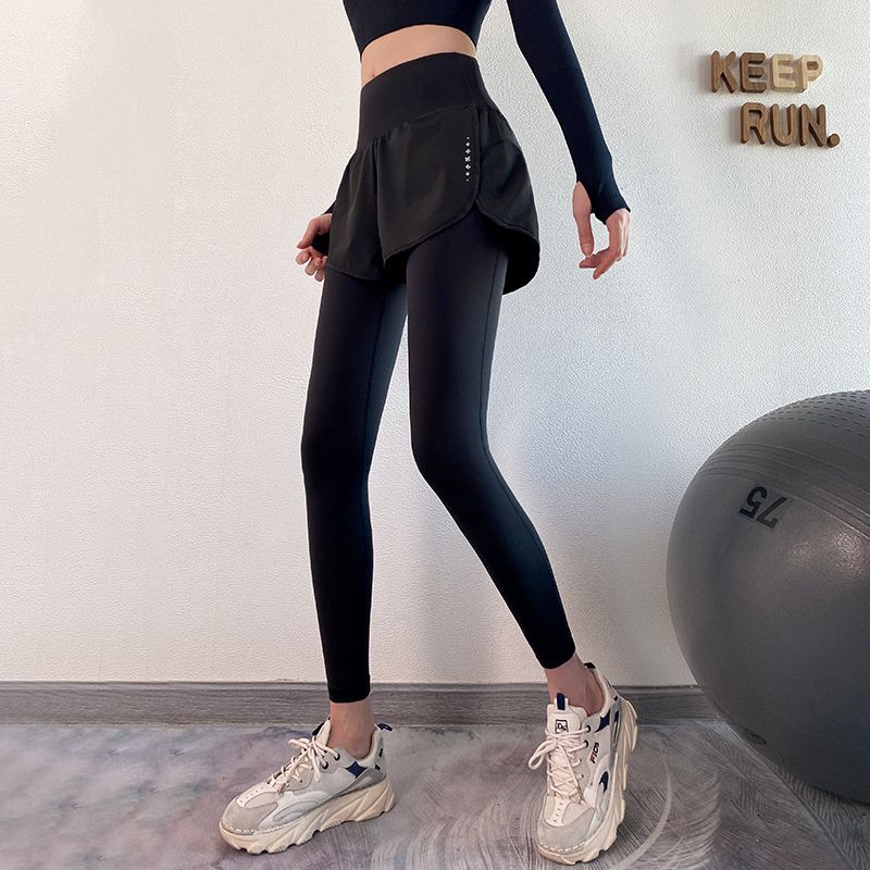 Fake Two-piece Fitness Pants Women's High-waisted Elastic Tight Running Pants Skirt Quick-drying Sweatpants Autumn Yoga Trousers Look Thin