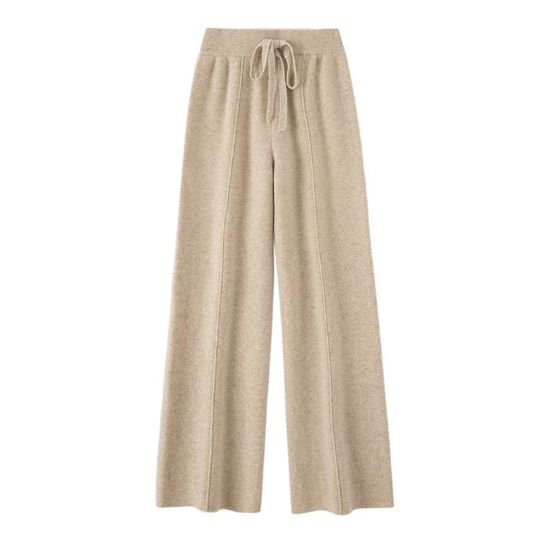 Dámské vlněné kalhoty s vysokým pasem a širokými nohavicemi - Podzimní/zimní ležérní pletené kalhoty ke kotníkům