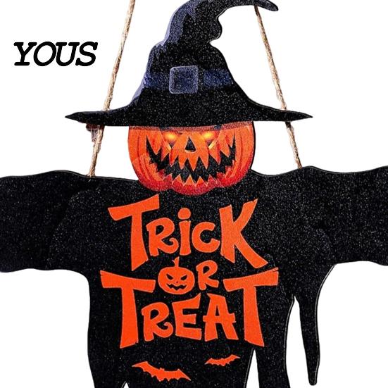 Halloween Window Decoration Wooden Hanging Door Sign, Scarecrow Pumpkin Wizard Ornament, Trick or Home Ornament Treat Plaque, Rustic Party Wall