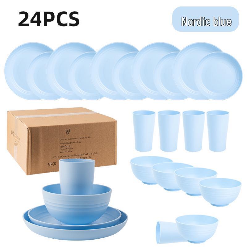 Cross-border Plastic Tableware Set: Plates, Bowls, Cups, Vomit Bowls, 24-Piece for Home Use.