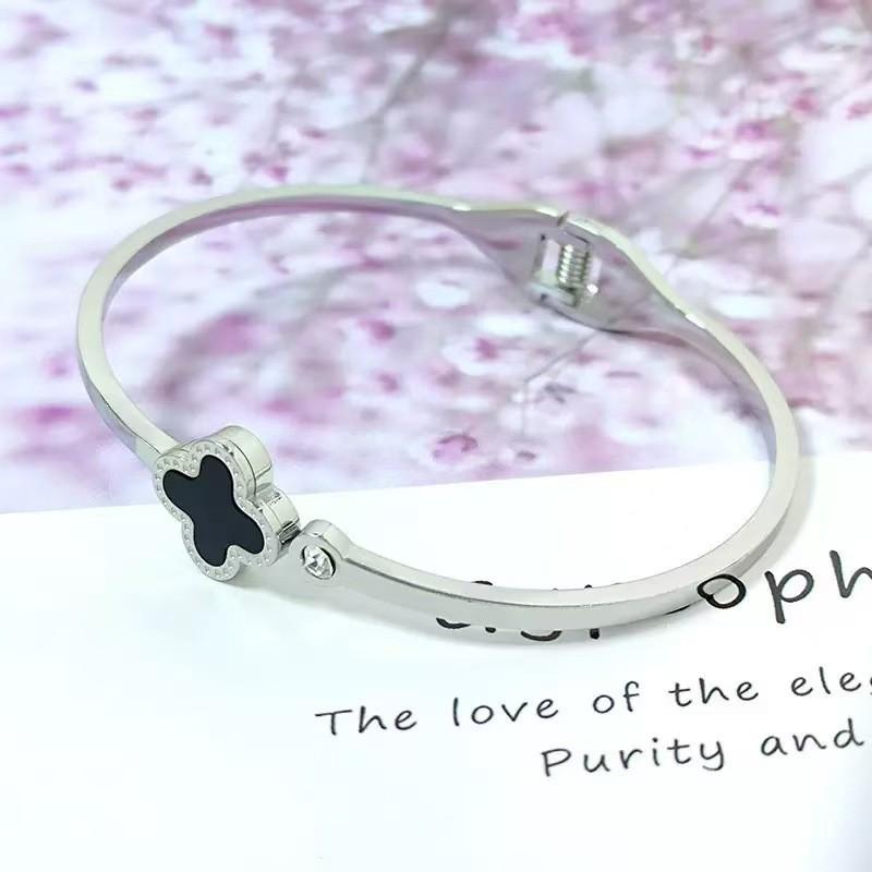 High-End Women's Silver Titanium Steel Zircon Bangle Bracelet