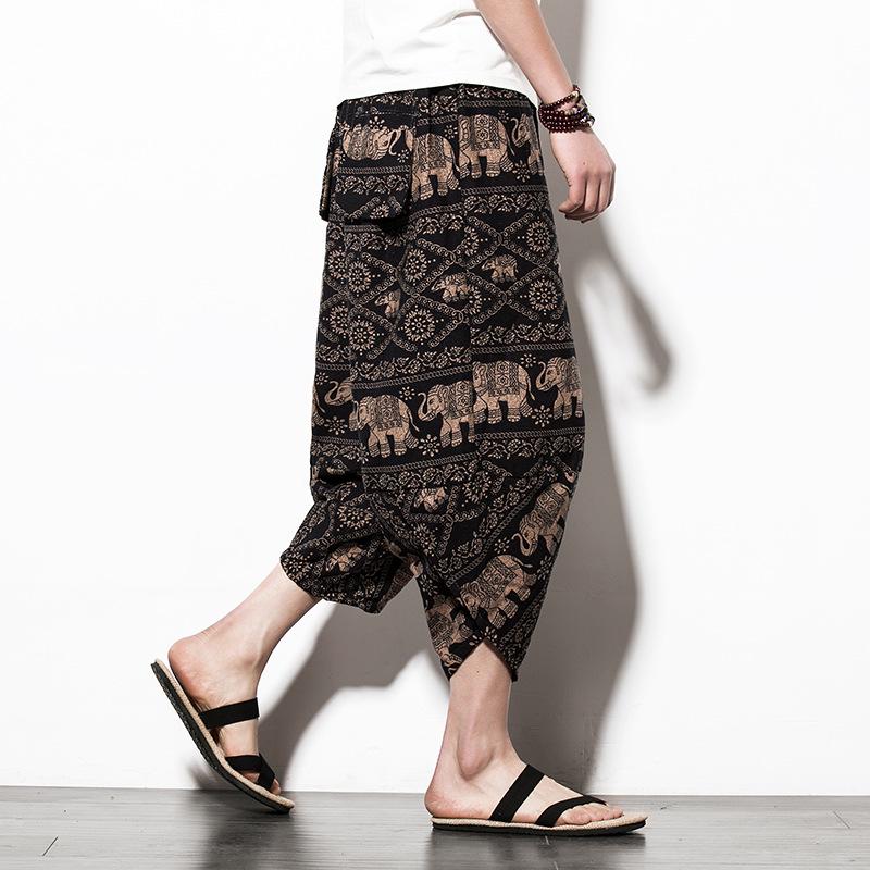 Men's Multicolor Thai Wide-Leg Bloomers - Cotton & Linen Beach Pants, Chinese Style, Spring/Summer.