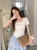 Mashed taro purple pure desire pleated square neck short-sleeved T-shirt women's summer new niche design temperament top