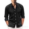 Men's Long Sleeve Cotton Linen Shirt, Mandarin Collar Button-Up Shirt, Solid Color Casual Top