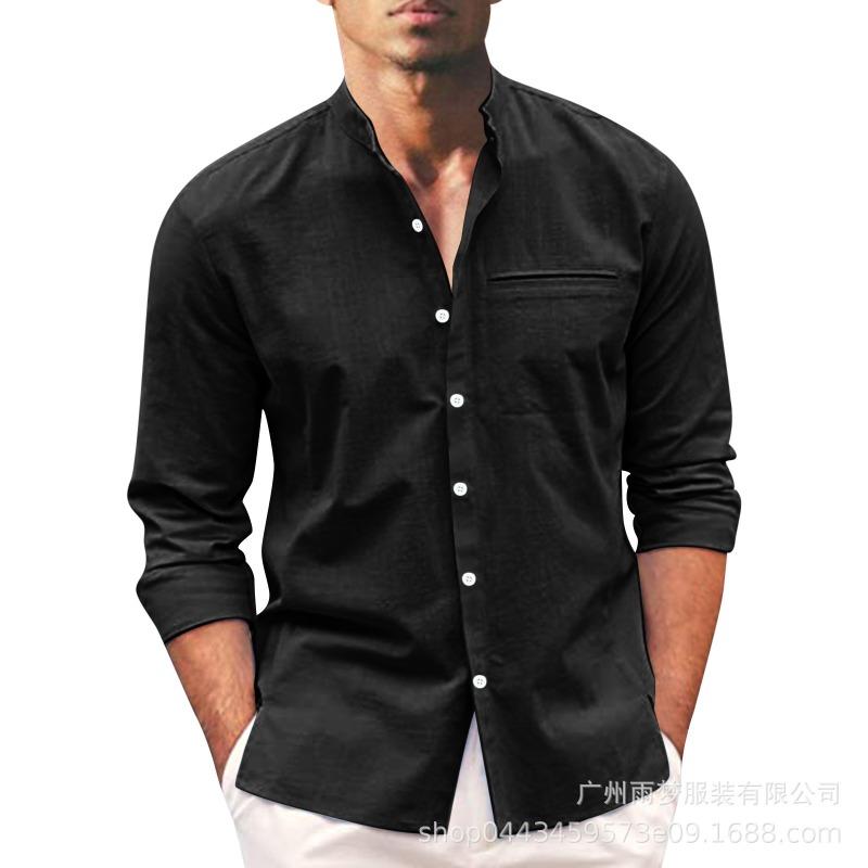 Men's Long Sleeve Cotton Linen Shirt, Mandarin Collar Button-Up Shirt, Solid Color Casual Top