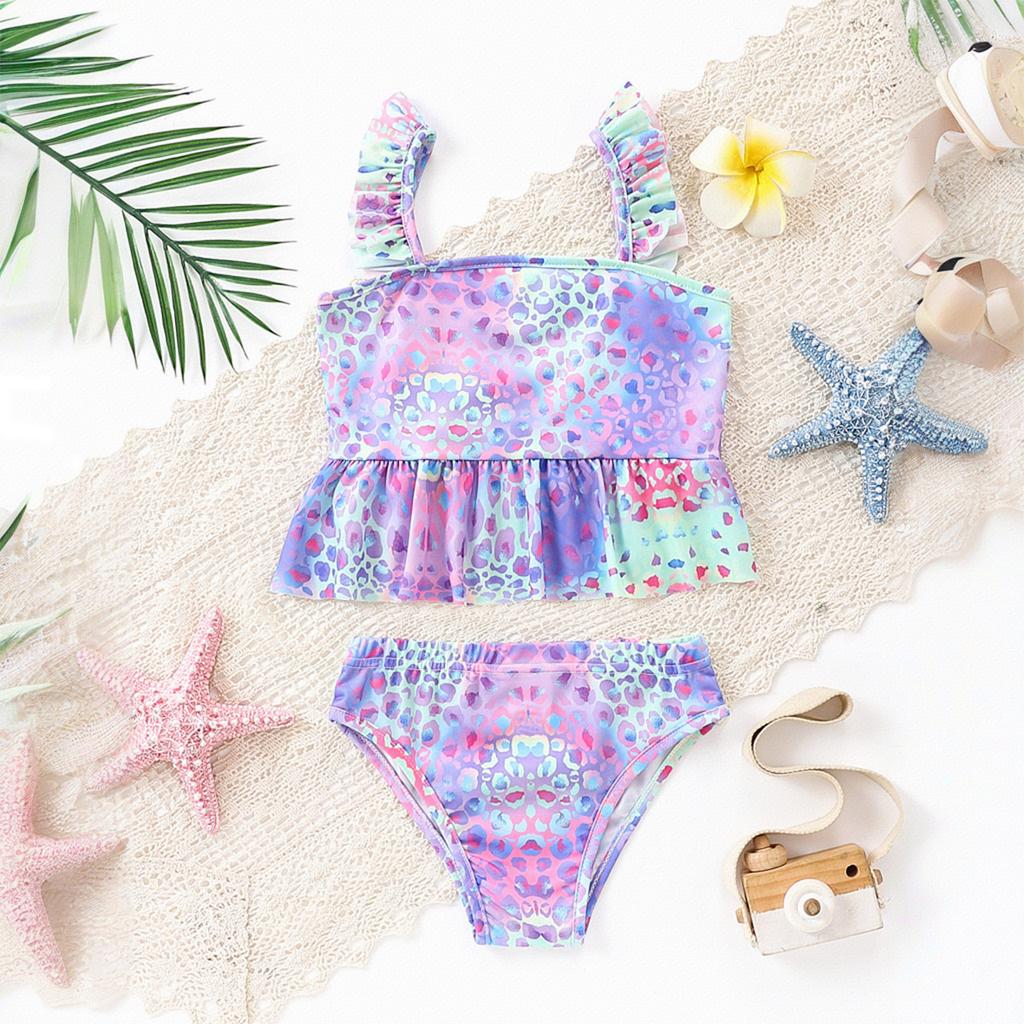 Girls Swimsuits With Ruffled Hem Cute Colorful Leopard Print Swimwear 2 Piece Bathing Suits For 4-10 Years Hawaiian Bikini Set