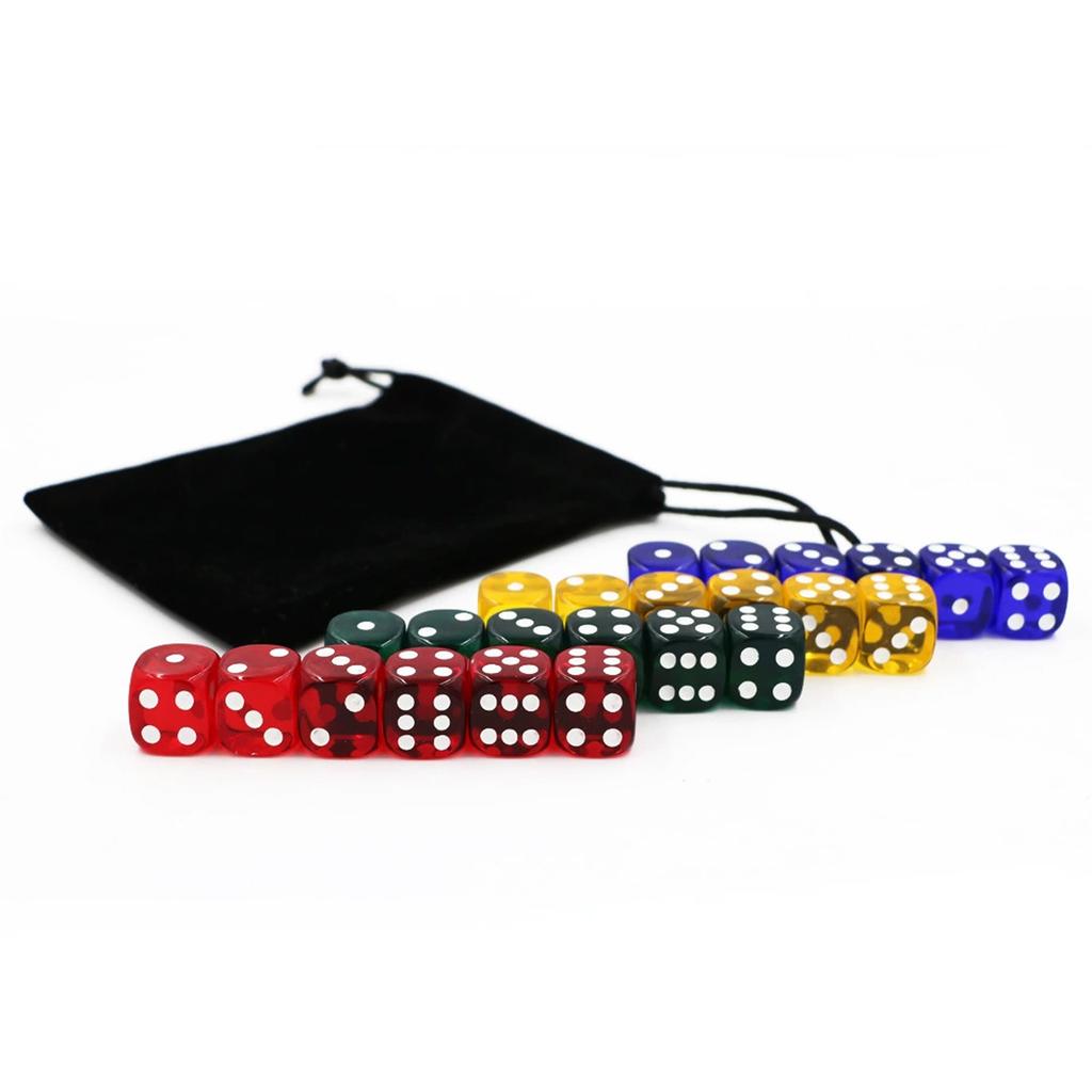 24PCS Rounded Dice Set Translucent Acrylic 6 Sided Dices for Board Games Classroom Activities 4 Colors 16mm 0.63in