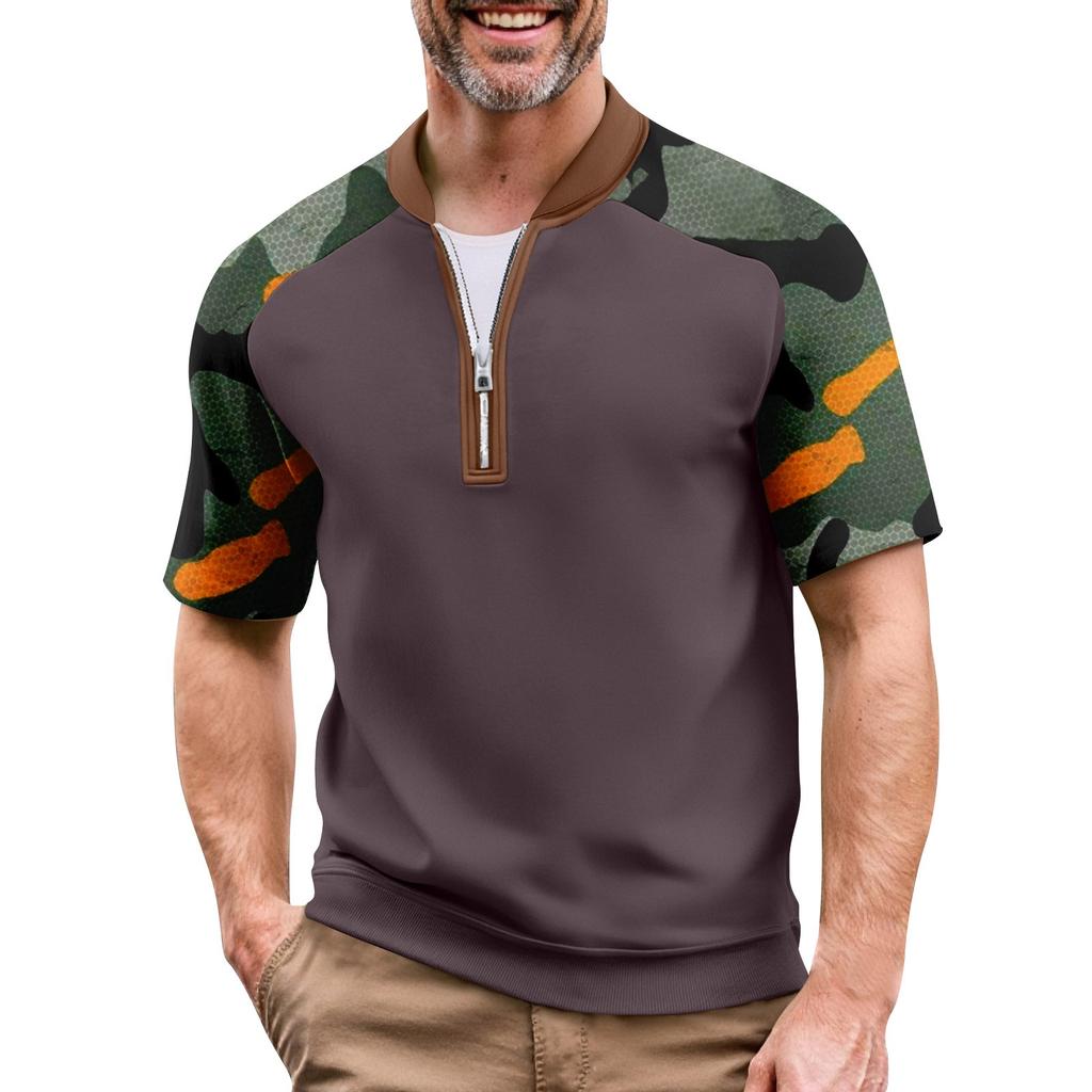 Men's Summer Camouflage Color Casual T-shirt Sports Breathable Zipper Collar Top