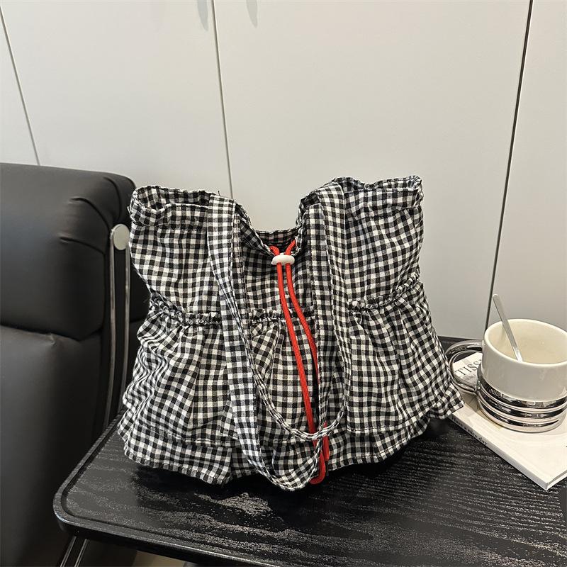 Cute Plaid Cotton Tote Bag Large Capacity Ruffle Handbag Large Capacity Shoulder Bags  Sweet Commuting Bag For Women Gift