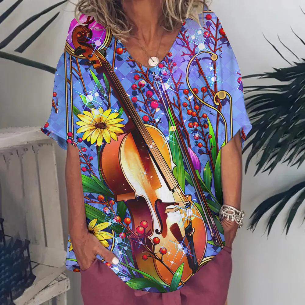 Ρούχα Γυναικεία με Λαιμόκοψη V Oversized Ρούχα Γυναικεία Κοντομάνικα Καλοκαίρι Ρετρό Μπλουζάκι Μόδες Βιολιά Μπλουζάκι με Εκτύπωση Streetwear