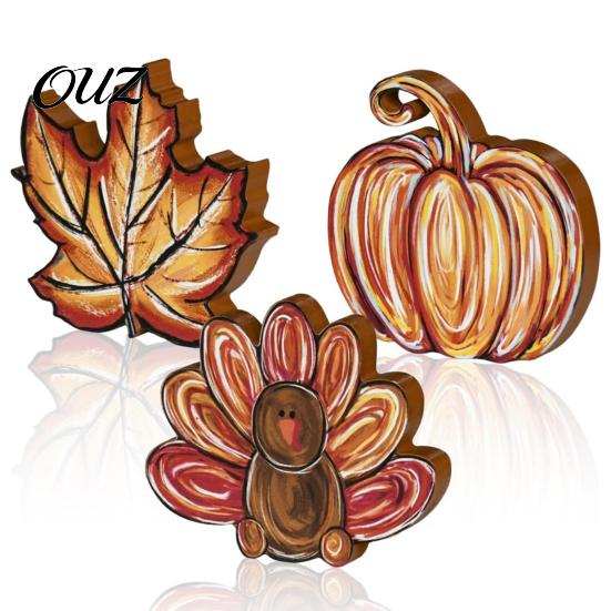 Thanksgiving Centerpiece for Dining Table 3Pcs Wooden Block Signs, Fall Pumpkin Turkey Maple Leaf Tabletop Rustic Autumn Tiered Tray Accents