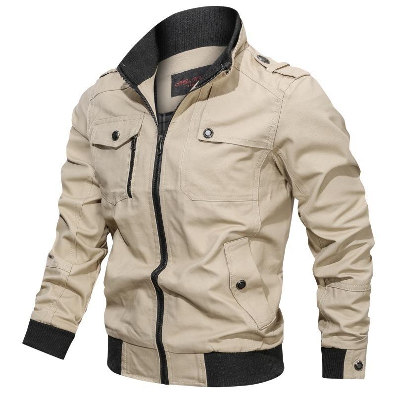 Casual solid color jacket zipper pocket stand-up collar large size coat men's pure cotton thin autumn top