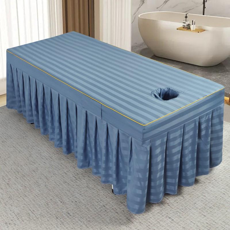 Pruhovaný potah na lehátko do kosmetického salonu s otvorem pro obličej Prodyšný potah na lehátko Napínací sukně na masážní stůl pro kosmetický salon Masážní SPA