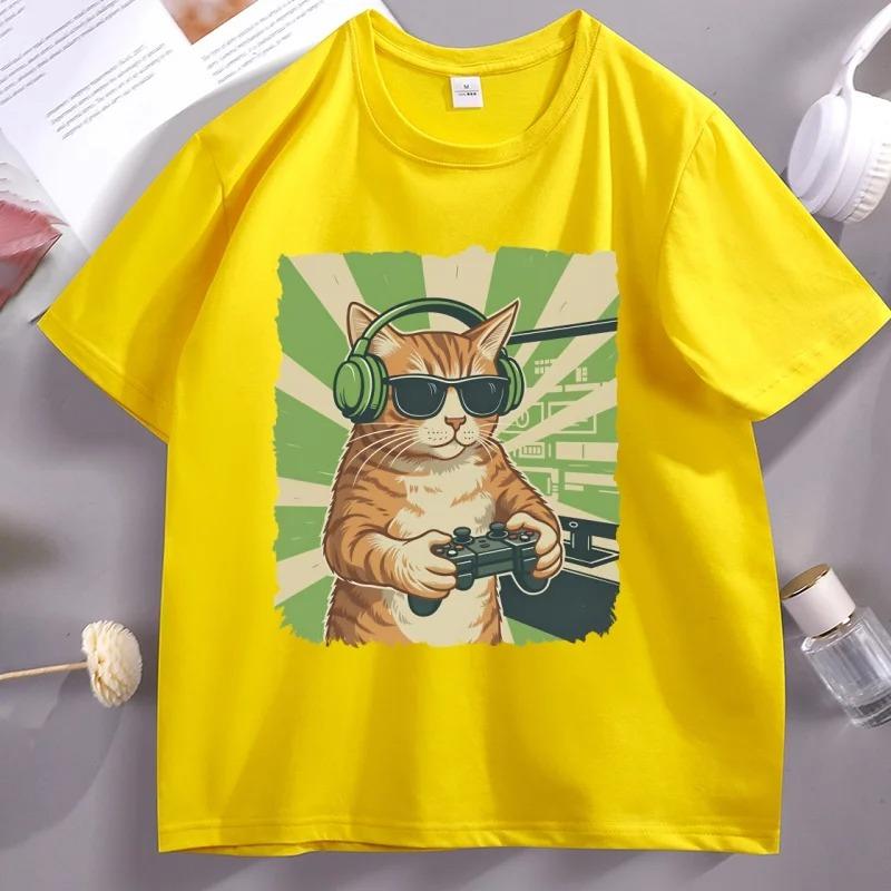 Gamer Cat TShirt Video Game Cat TShirt Funny Graphic Tee Cat Dad Short Sleeve TShirt Casual Short Sleeve Crew Neck Top S