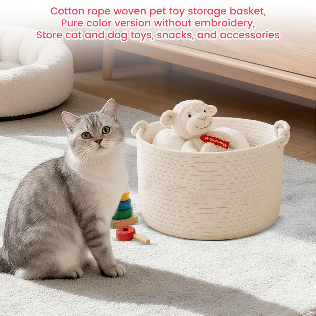 Pet Toy Storage Basket - Cotton Rope with Knot Handles, Color No Embroidery, for and Dog Toys, Treats and Accessories