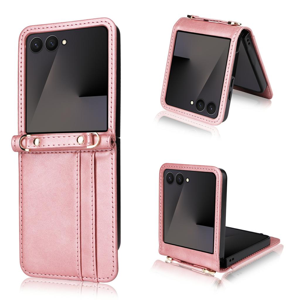 For Samsung Galaxy Z Flip7 5 Case Card Slots Leather Phone Cover with Lanyard