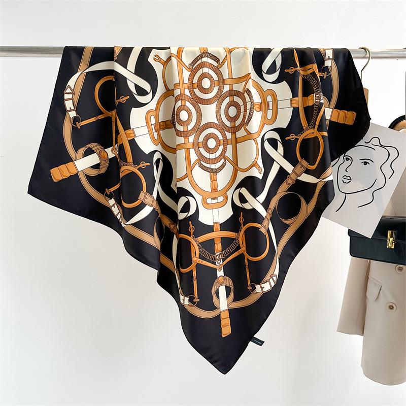 Striped Twill Silk Scarf: Large Square Shawl & Sunscreen Travel Headscarf - 90cm, Perfect for Spring & Autumn