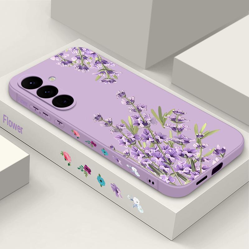 Floral Print Soft Matte Case Cover For Samsung S25 Ultra S24 FE S23 A56 A36 A16 A55 Lens Protection TPU Lanyard Shockproof Silicone Slim Phone Shell