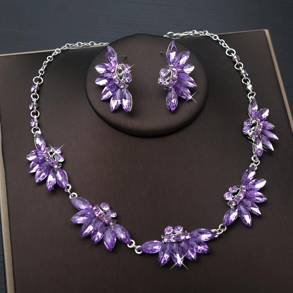 

3 шт. Барочный аметист лист Свадебное роскошное ожерелье и серьги со стразами Интеллектуальная элегантность Свадебный банкет Свадебный цирконовый набор 56cm фиолетовый