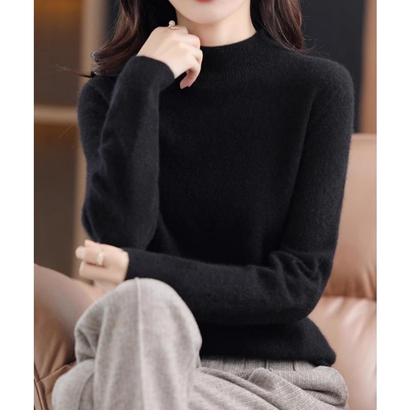 

Женский пуловер свитер осень/зима полувысокая горловина свободный пуловер облегающий базовый свитер XL чёрный