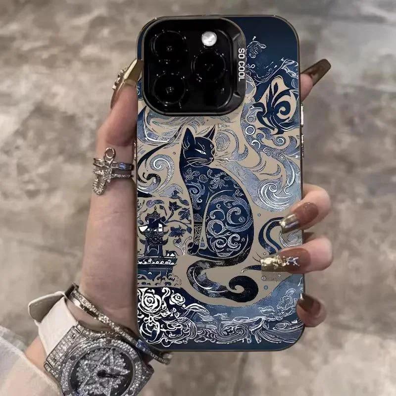 Electroplate Silver  Phone Case for IPhone 16 15 14 13 PRO MAX 11 12 13 PRO X XS XR 7 8 Plus Cute Blue and White Cat Cover