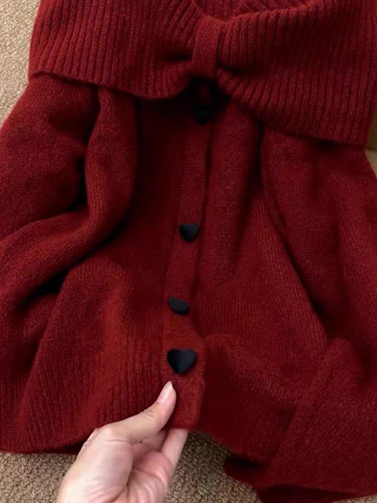 Korean Style Cashmere Bow Sweater - Women's Off-the-Shoulder Knit Top for Autumn/Winter