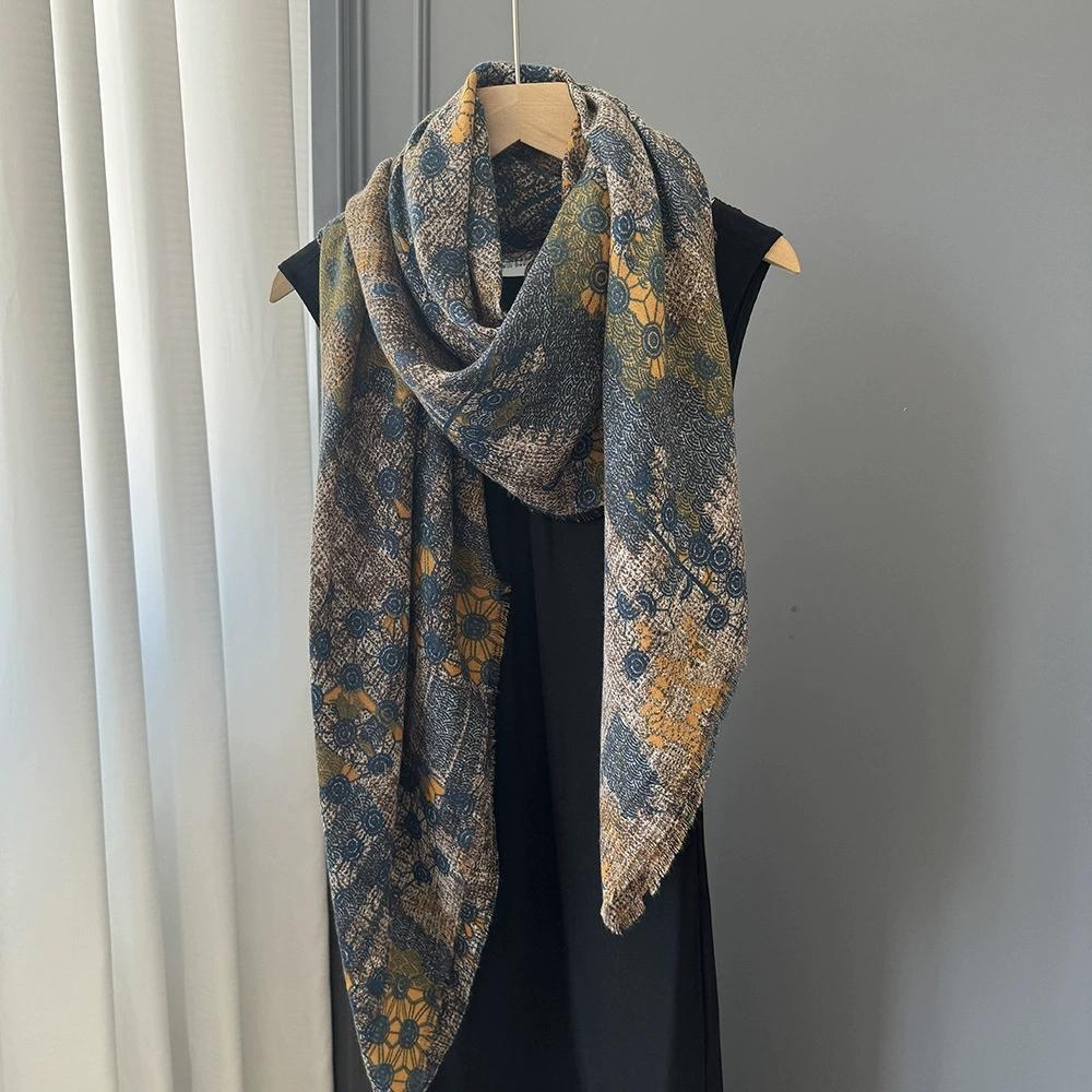 Women Elegant Square Scarf 130x130cm Retro Ethnic Style Soft Cotton Linen Breathable Scarf Large Shawl Female Foulards