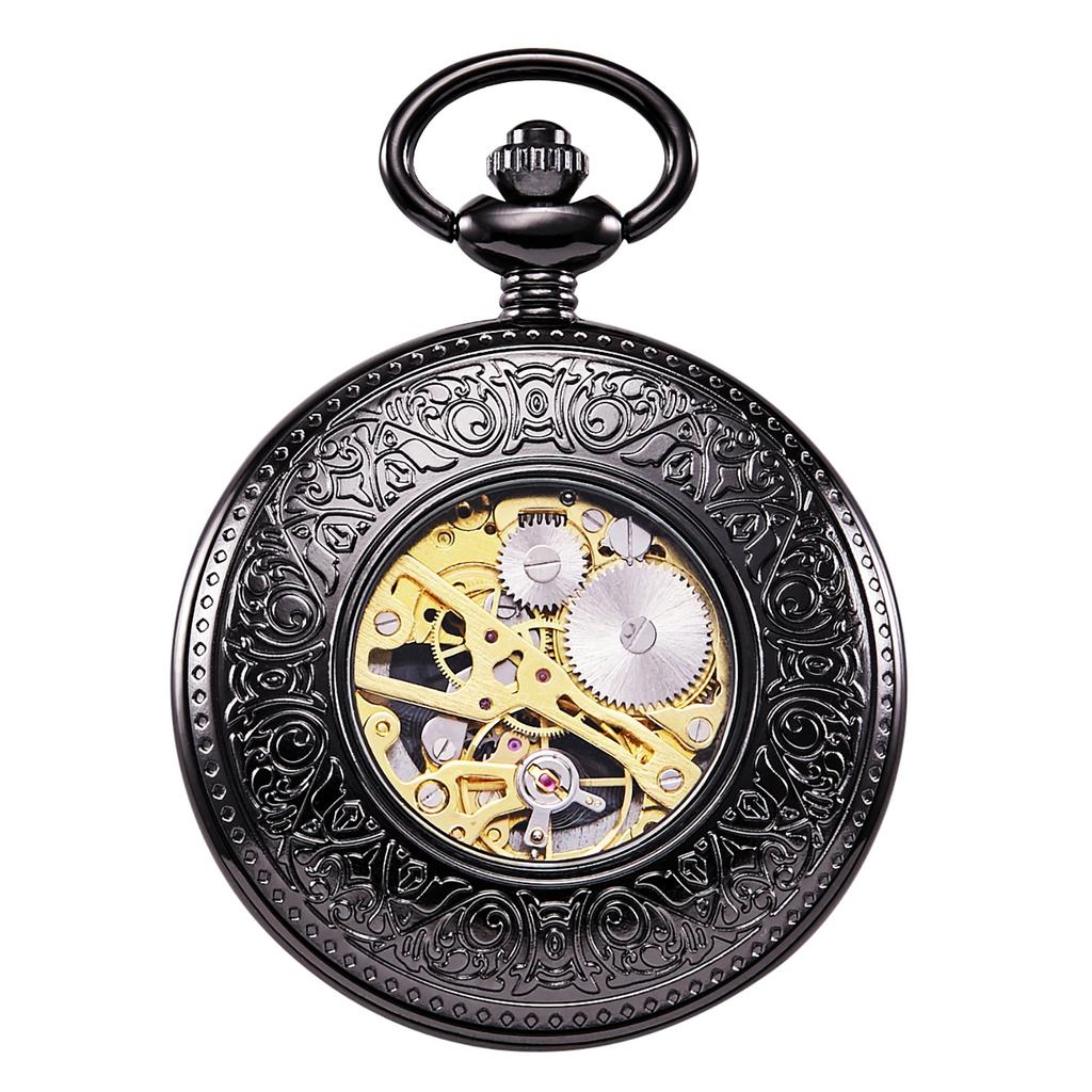 TREEWETO Mechanical Pocket Watch Railway Antique Skeleton Roman Numeral Black with Chain