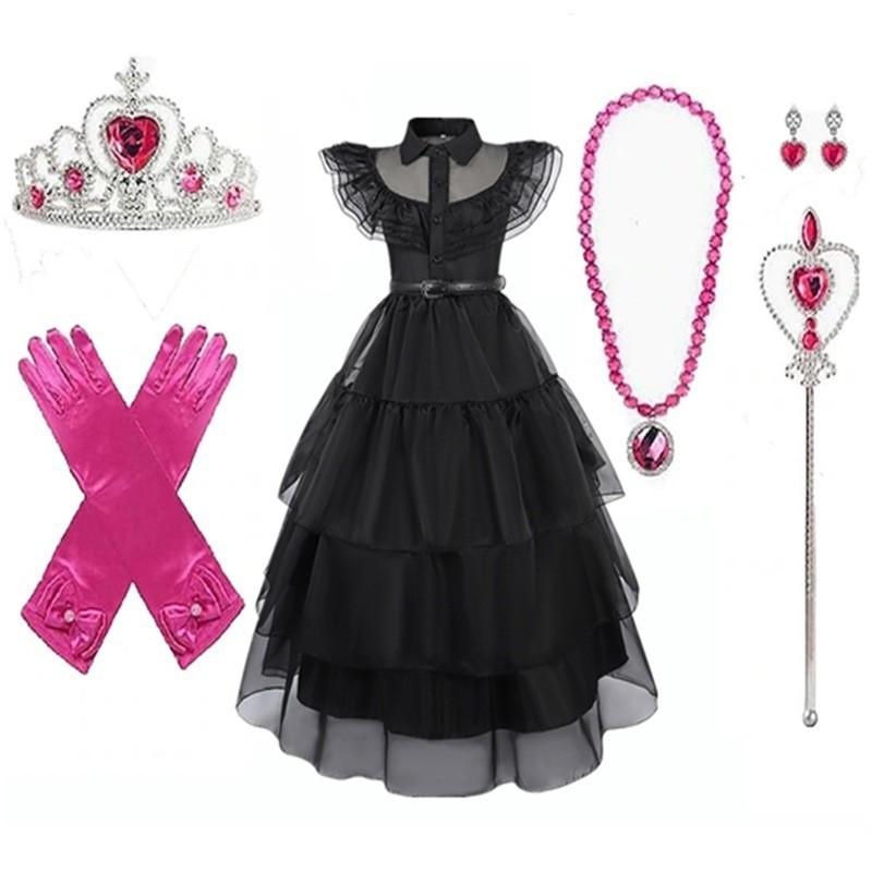 Black Princess Dress Girls Halloween Cosplay Costume Adams Family Theme Party Outfit