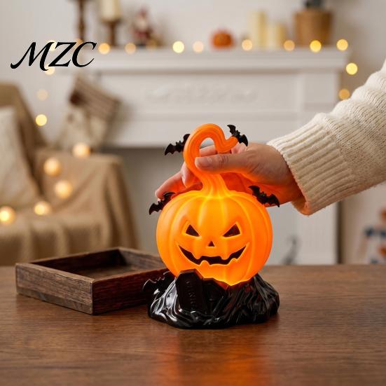 Unique Holiday Scene Settings 2Pcs Halloween Pumpkin Night Light, Flameless LED Candle Lamp with Bat Small Plastic Figurine Lights Decor, Tabletop